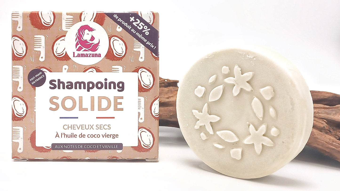 Shampooing solide cheveux secs Lamazuna. Shampooing super moussant qui dure longtemps. ce shampooing nourrit la fibre capillaire en profondeur
