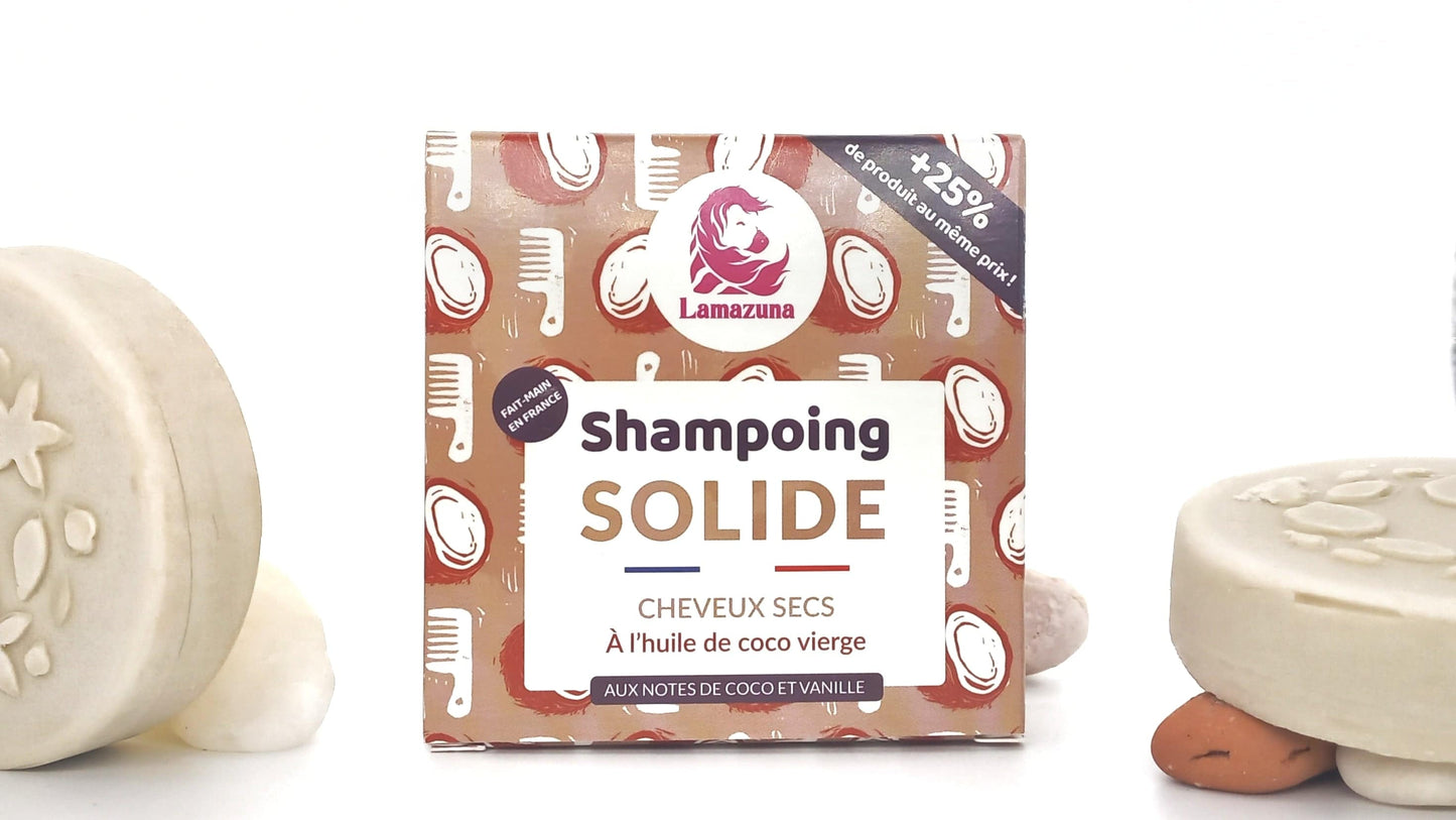 Shampoing solide pour cheveux secs, de la marque Lamazuna. Shampoing nourrissant et réparateur, procure aux cheveux vitalité et souplesse