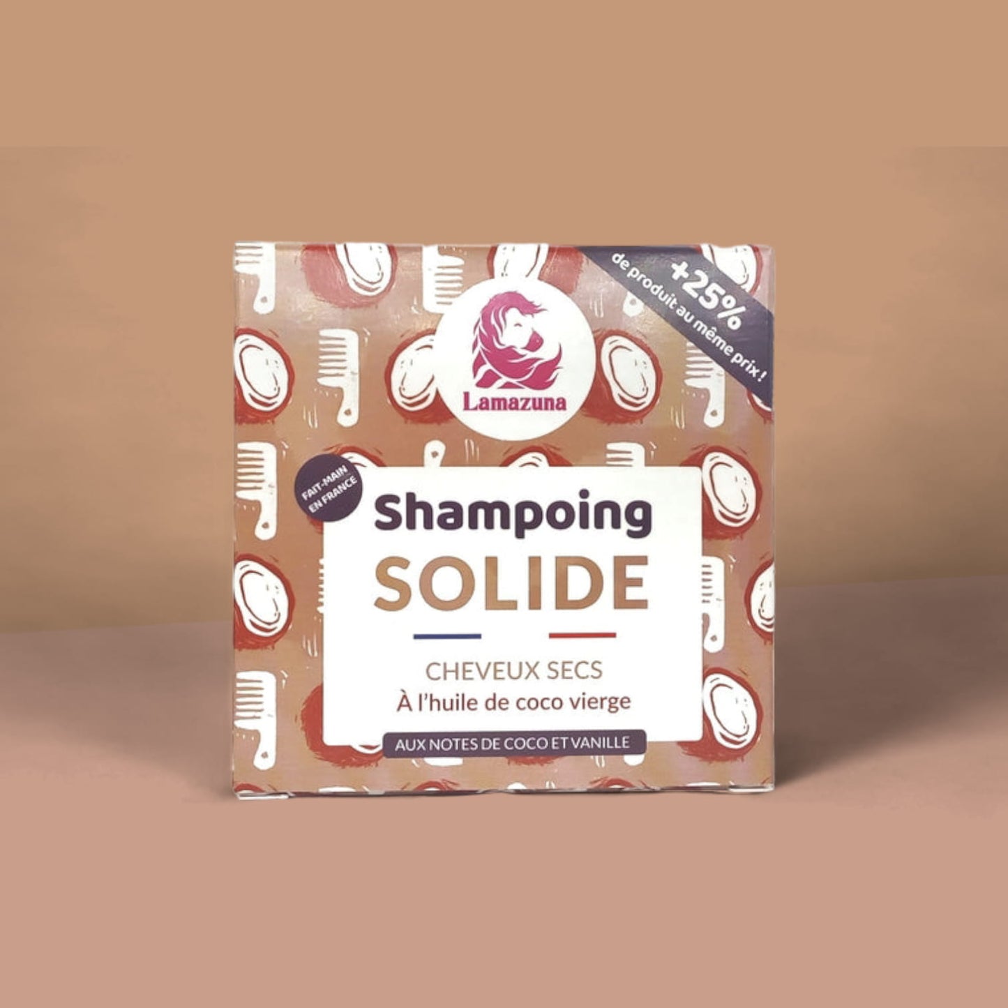 Shampoing solide cheveux secs de la savonnerie Lamazuna. Idéal pour les cheveux secs, enrichi à l'huile de coco, aux notes douces et exotiques de coco et vanille