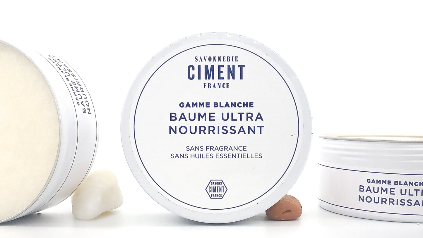 Baume corps visage cheveux de la marque Ciment Paris, ultra-hydratant et apaisant, soulage les peaux sèches à tendance atopique